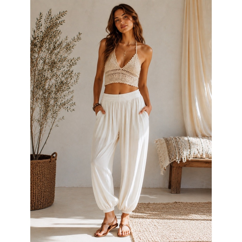 Rhea Boho Bohemian Cotton Poplin Harem Bloomer Pants Small